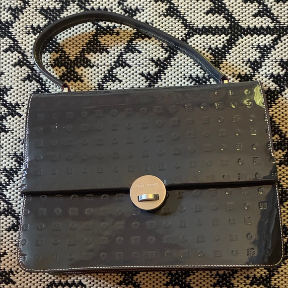 Arcadia Handbags - Arcadia Patent Leather Satchel Bag Navy Blue Italy w Detachable Strap Turn Lock